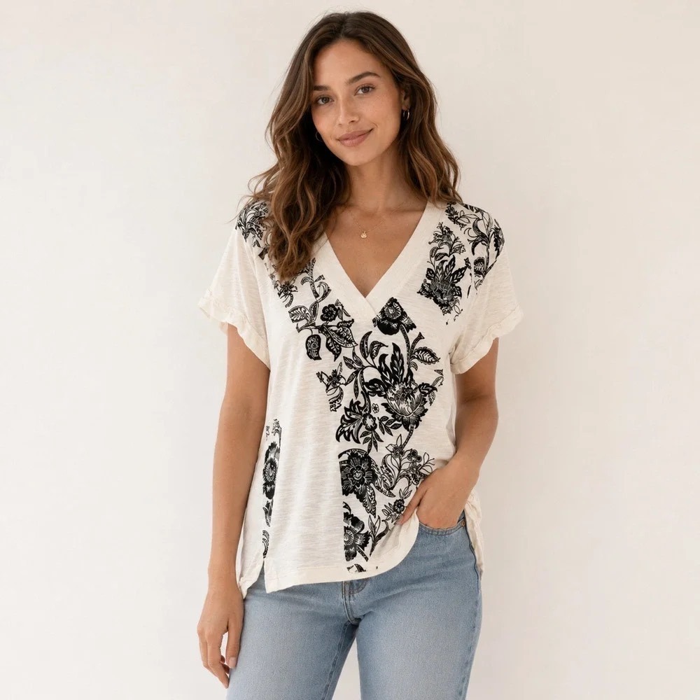 Anthropologie Daily Practice, V-Neck Floral Top, Cream, S